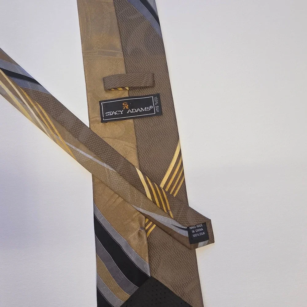 Stacy Adams‎ Mens Silk Tie Gold Tan Grey Black Abstract Geometric Striped Formal